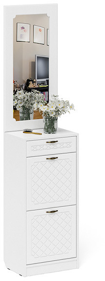 Прихожая П-6 Тумба для обуви 2 секции + Зеркало, белая шагрень/фасады МДФ белое дерево фрезеровка ромб