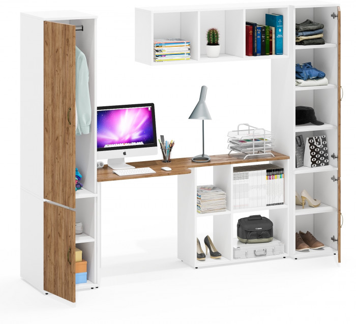 Лидер-8 Пенал МД 23Б + Стол + Полка + Пенал 22Б, белый шагрень/крафт золото