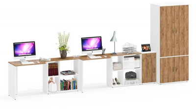 Лидер-8 Стол + Стол + Шкаф МД 19Б + Тумба МД 3.15, цвет белый шагрень/крафт золото, ШхГхВ 450х50х75/190 или 230х200/50х75/190 см., НЕ ун. сб.