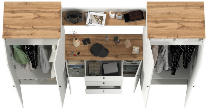 Остин Прихожая 73, цвет белый шагрень/дуб крафт золотой, ШхГхВ 280х54,3х229,6 см., универсальная сборка