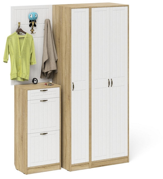 Прихожая П-6 Компоновка № 50, цвет дуб сонома/фасады МДФ белое дерево фрезеровка прованс, ШхГхВ 150х50х210 см., универсальная сборка