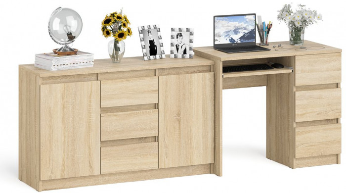 Мори Стол компьютерный МС-6 правый + Комод МК1200.3, цвет дуб сонома, ШхГхВ 210,4х50х76,6 см., выдвижные ящики справа, НЕ универсальная сборка