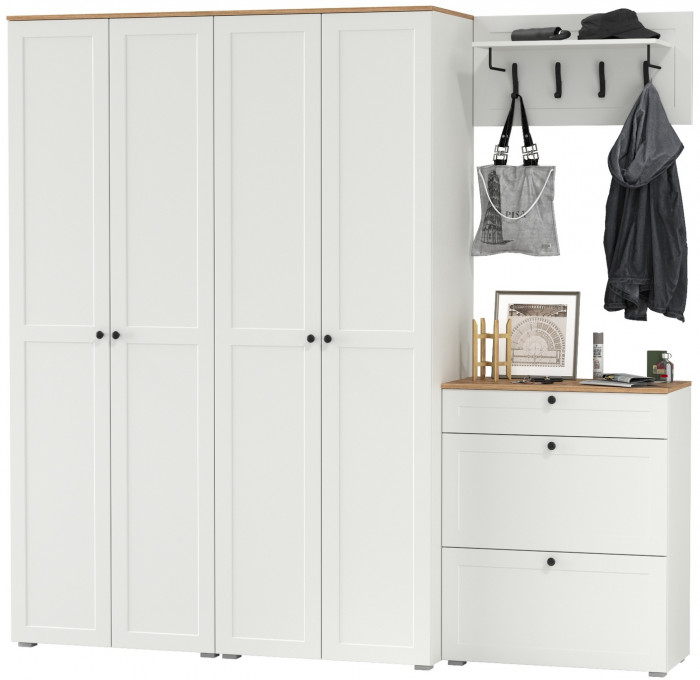 Остин Прихожая 29, цвет белый шагрень/дуб крафт золотой, ШхГхВ 240х54,3х229,6 см., универсальная сборка