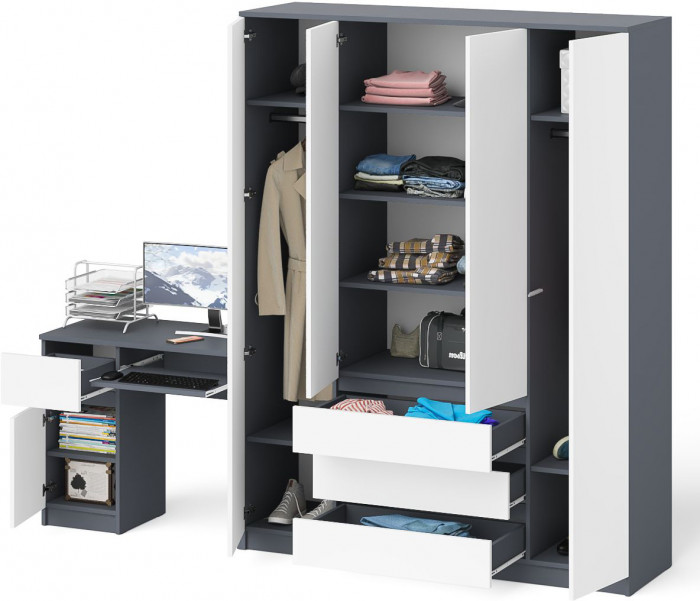 Мори компьютерный стол МС-1 левый + Шкаф МШ1600.1, графит/белый