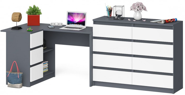 Мори компьютерный стол МС-16 левый + Комод МК1200.8, графит/белый