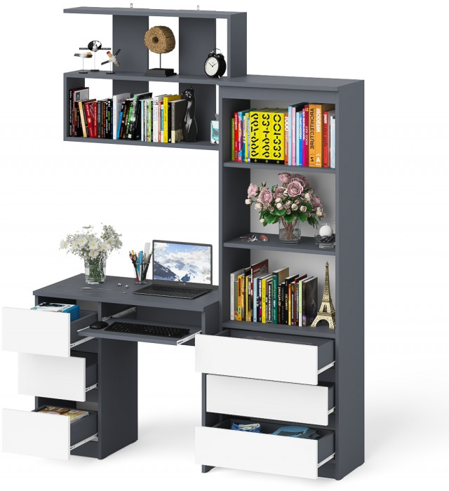 Мори компьютерный стол МС-6 левый + Стеллаж МСТ600.3 + Полка 900, графит/белый