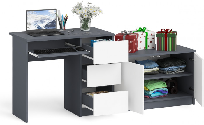 Мори Стол компьютерный МС-6 правый + Тумба МА900.1, цвет графит/белый, ШхГхВ 180,4х50,4х76,6 см., выдвижные ящики справа, НЕ универсальная сборка