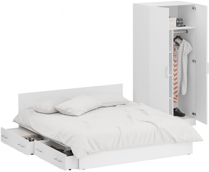 Кровать с ящиками 1800 + Шкаф 2-х створчатый Стандарт, белый