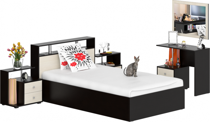 Камелия спальня № 6 Кровать 1200 + Две тумбы + Стол косметический + Зеркало, цвет венге/дуб лоредо, сп.м. 1200х2000 мм., б/м, основание есть