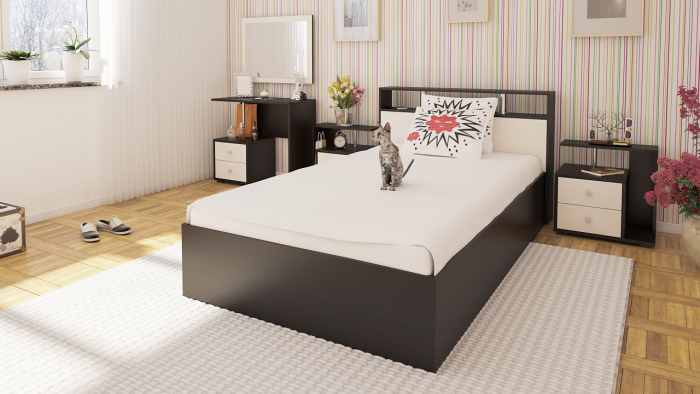 Камелия спальня № 6 Кровать 1200 + Две тумбы + Стол косметический + Зеркало, цвет венге/дуб лоредо, сп.м. 1200х2000 мм., б/м, основание есть