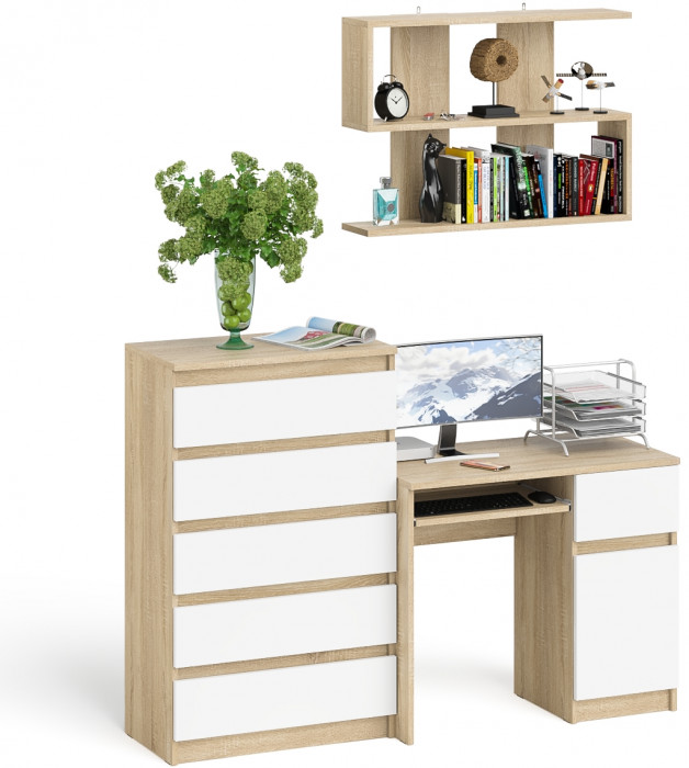 Мори компьютерный стол МС-1 правый + Комод МК700.5 + Полка 900, дуб сонома/белый