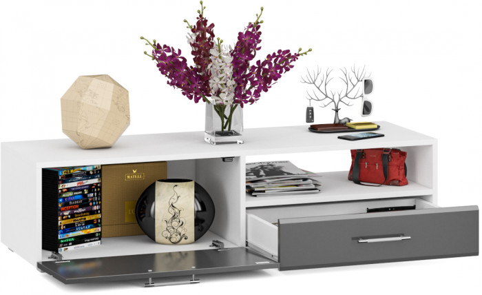 Тумба под ТВ Ларго 1,4, цвет корпус белый/фасады МДФ графитово-серый глянец, ШхГхВ 140х46х35 см., НЕ универсальная сборка