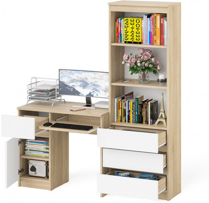 Мори Стол компьютерный МС-1 левый + Стеллаж МСТ600.3, цвет дуб сонома/белый, ШхГхВ 150,4х50х179,6 см., выдвижной ящик слева, НЕ универсальная сборка