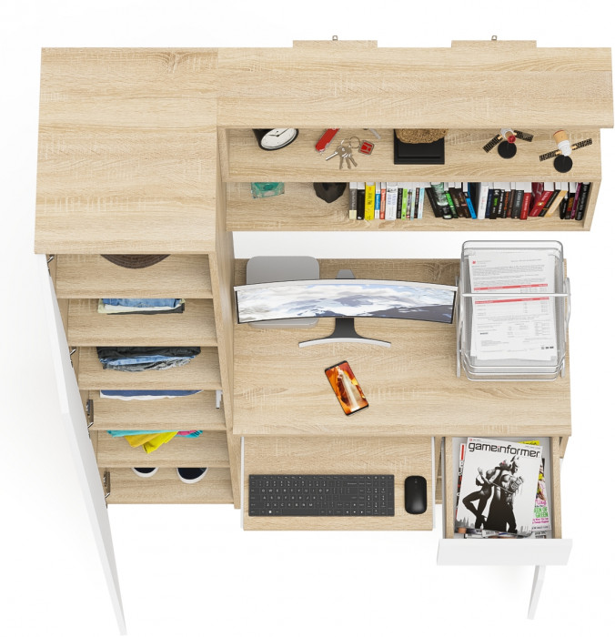 Мори Стол компьютерный МС-1 правый + Пенал МШ400.1 + Полка 900, цвет дуб сонома/белый, ШхГхВ 130,4х50,4х209,6 см., НЕ универсальная сборка