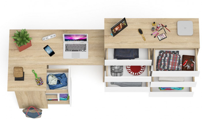 Мори Стол компьютерный МС-16 левый + Комод МК1200.10, цвет дуб сонома/белый, ШхГхВ 244,8х84,9х115 см., выдвижные ящики слев, НЕ универсальная сборкаа