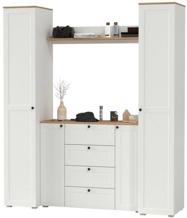 Остин Прихожая 74, цвет белый шагрень/дуб крафт золотой, ШхГхВ 200х54,3х229,6 см., универсальная сборка