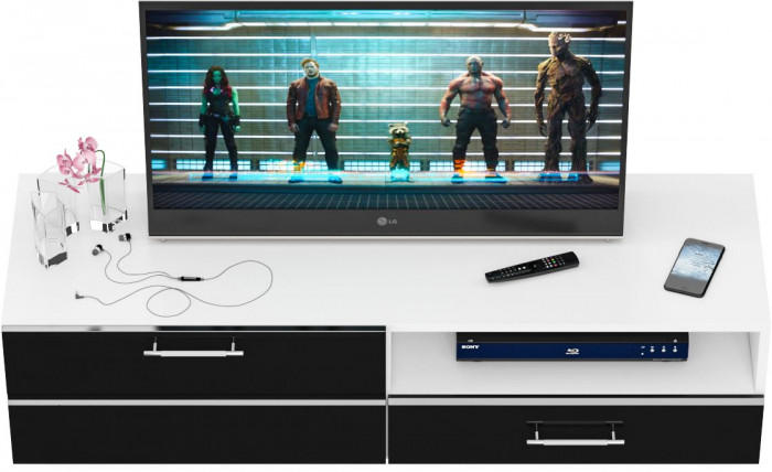 Тумба под ТВ Ларго 1,4, цвет корпус белый/фасады МДФ чёрный глянец, ШхГхВ 140х46х35 см., НЕ универсальная сборка