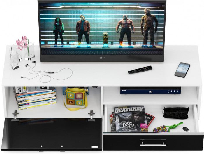 Тумба под ТВ Ларго 1,4, цвет корпус белый/фасады МДФ чёрный глянец, ШхГхВ 140х46х35 см., НЕ универсальная сборка