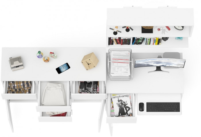 Мори Стол компьютерный МС-1 левый + Комод МК1200.4 + Полка 900, цвет белый, ШхГхВ 210,4х50х209,6 см., НЕ универсальная сборка