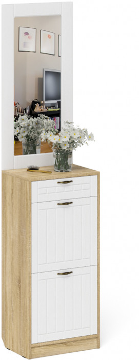 Прихожая П-6 Тумба для обуви 2 секции + Зеркало, дуб сонома/фасады МДФ белое дерево фрезеровка прованс