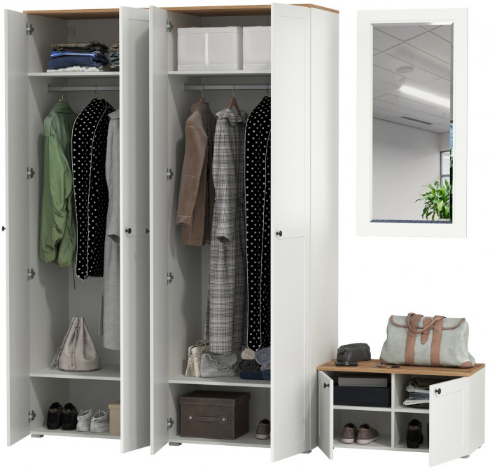 Остин Прихожая 30, цвет белый шагрень/дуб крафт золотой, ШхГхВ 240х54,3х229,6 см., универсальная сборка