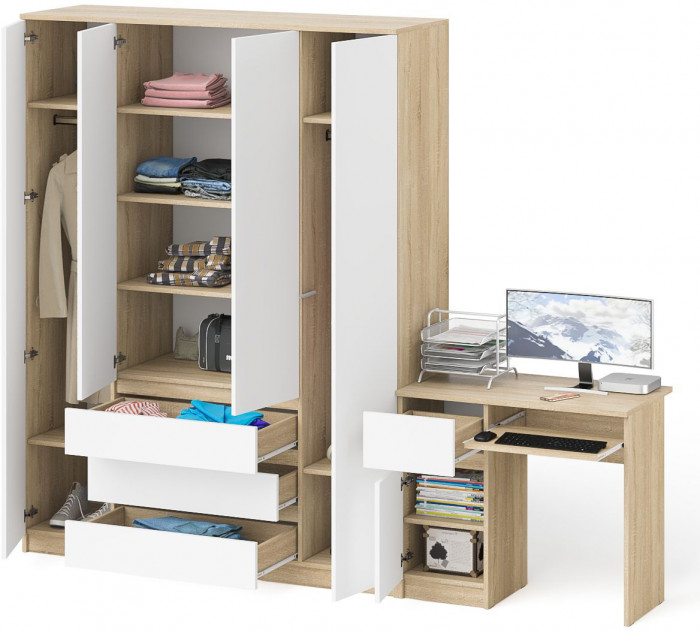 Мори компьютерный стол МС-1 левый + Шкаф МШ1600.1, дуб сонома/белый