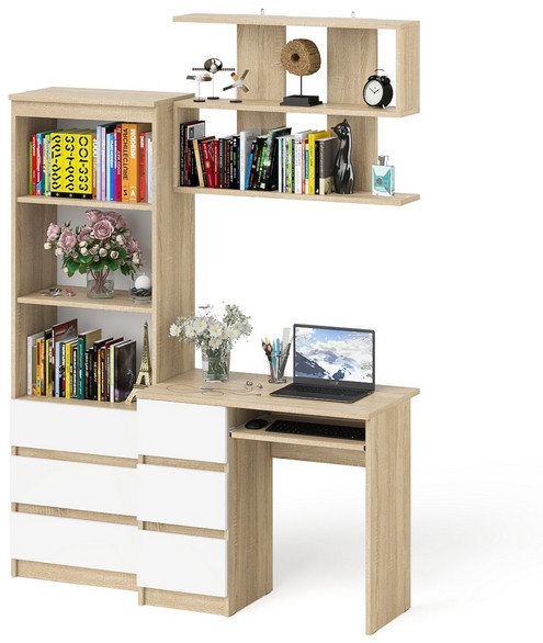 Мори компьютерный стол МС-6 левый + Стеллаж МСТ600.3 + Полка 900, дуб сонома/белый