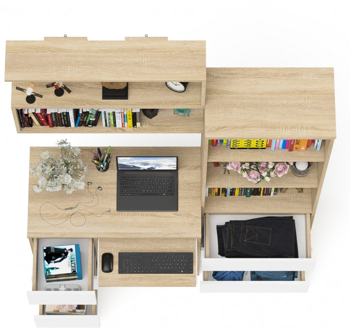 Мори компьютерный стол МС-6 левый + Стеллаж МСТ600.3 + Полка 900, дуб сонома/белый