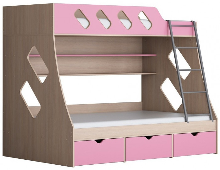 Дельта-20.01 Детская двухъярусная кровать с лестницей (Розовый, Белый)