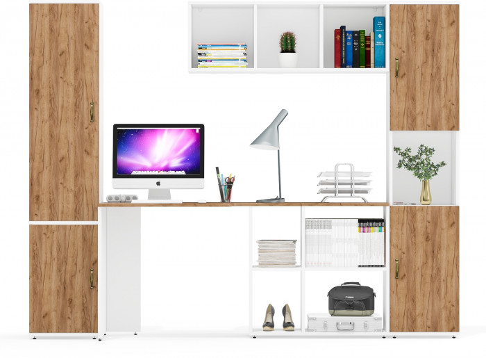 Лидер-8 Пенал МД 22Б + Стол + Полка + Пенал, цвет белый шагрень/крафт золото, ШхГхВ 245х50х75/190 или 155х120/50х75/190 см., НЕ универсальная сборка