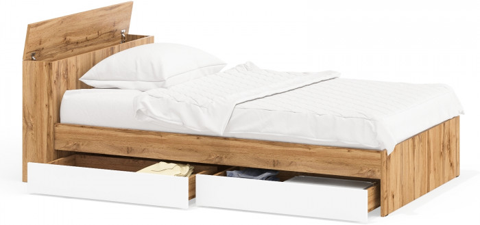 Ксения Кровать с ящиками 1200, цвет дуб вотан/белый, ШхГхВ 126,4х221,6х72 см., сп.м. 1200х2000 мм., без матраса, основание есть, ун. сб.