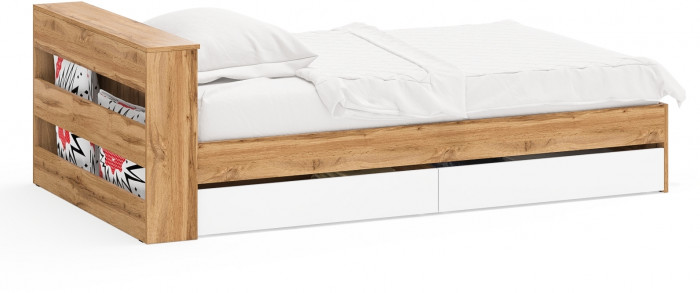 Ксения Кровать с ящиками 1200, цвет дуб вотан/белый, ШхГхВ 126,4х221,6х72 см., сп.м. 1200х2000 мм., без матраса, основание есть, ун. сб.