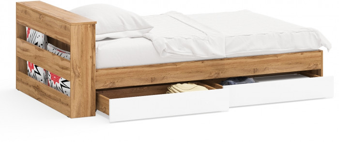Ксения Кровать с ящиками 1200, цвет дуб вотан/белый, ШхГхВ 126,4х221,6х72 см., сп.м. 1200х2000 мм., без матраса, основание есть, ун. сб.