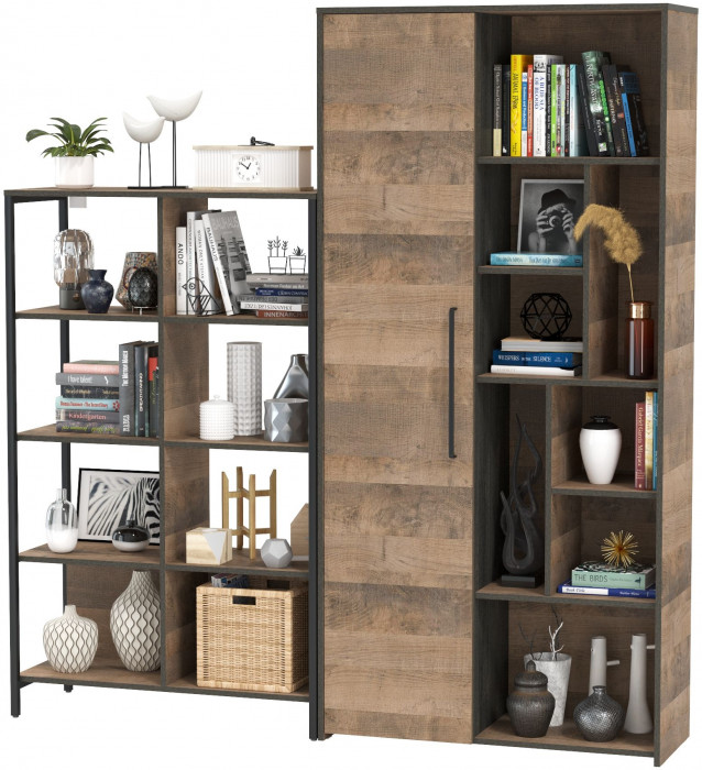 Трувор 13.151.02 Стеллаж + 13.206 Шкаф-стеллаж, цвет дуб гранж песочный/интра, ШхГхВ 183х37х194,2 см., универсальная сборка