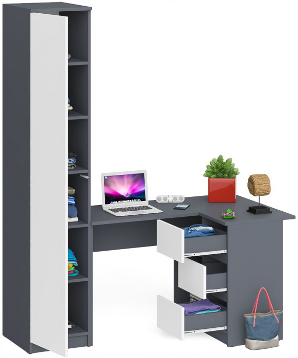 Мори компьютерный стол МС-16 правый + Пенал МШ400.1, графит/белый