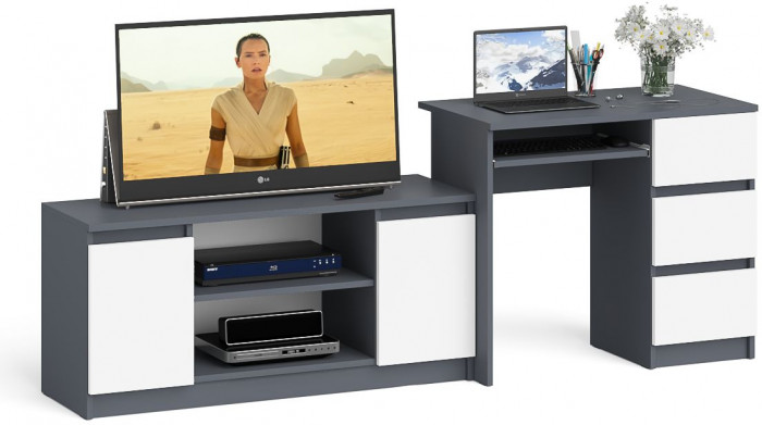 Мори компьютерный стол МС-6 правый + Тумба МТВ1200.1, графит/белый