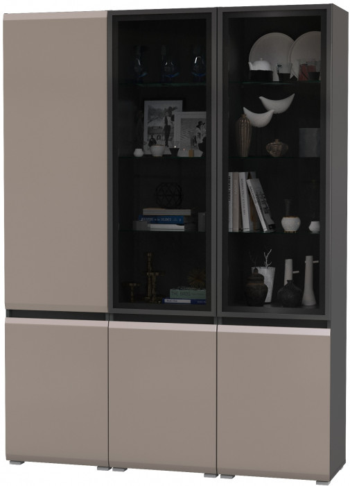Сидней 13.201 Шкаф-витрина 2 штуки + Шкаф 13.200, корпус: антрацит/фасады: МДФ веллюто капучино/стекло