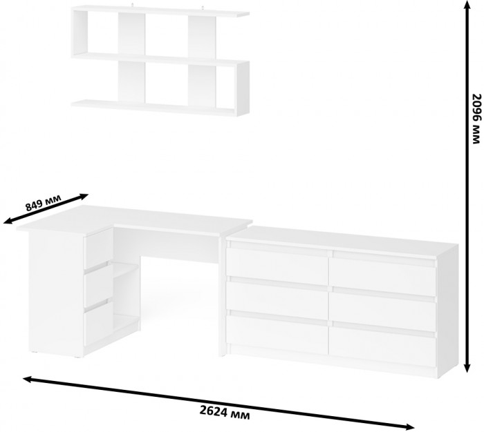 Мори компьютерный стол МС-16 левый + Комод МК1380.6 + Полка 1200, белый