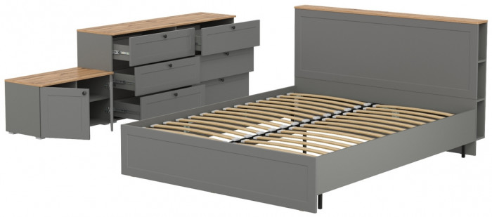 Остин 11.53 Кровать + ортопед + 16.240 Комод + 13.257 Тумба, серый графит/дуб крафт золотой