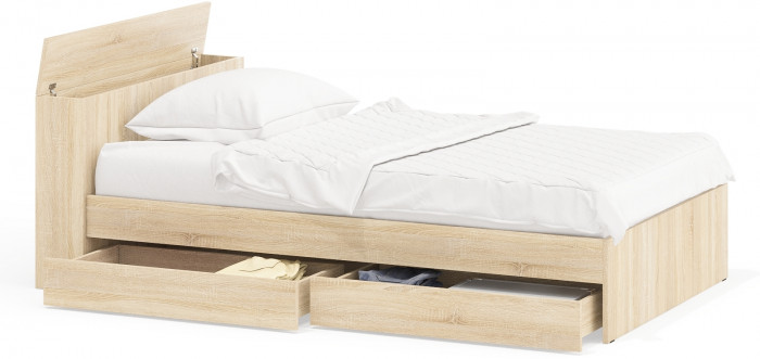 Ксения Кровать с ящиками 1200, цвет дуб сонома, ШхГхВ 126,4х221,6х72 см., сп.м. 1200х2000 мм., без матраса, основание есть, универсальная сборка