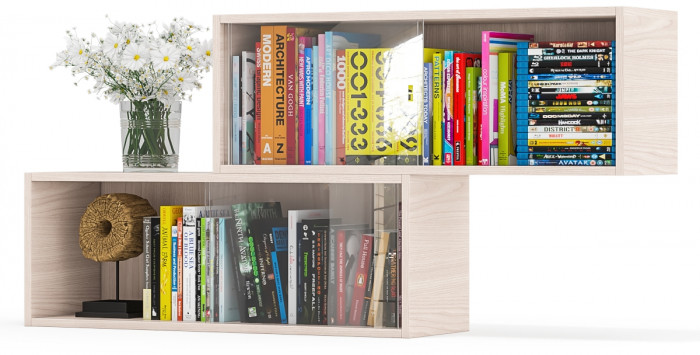 Две полки книжных С-МД-КН01, цвет ясень шимо светлый, размер каждой полки в отдельности: ШхГхВ 83х25х30 см., стеклянные дверцы