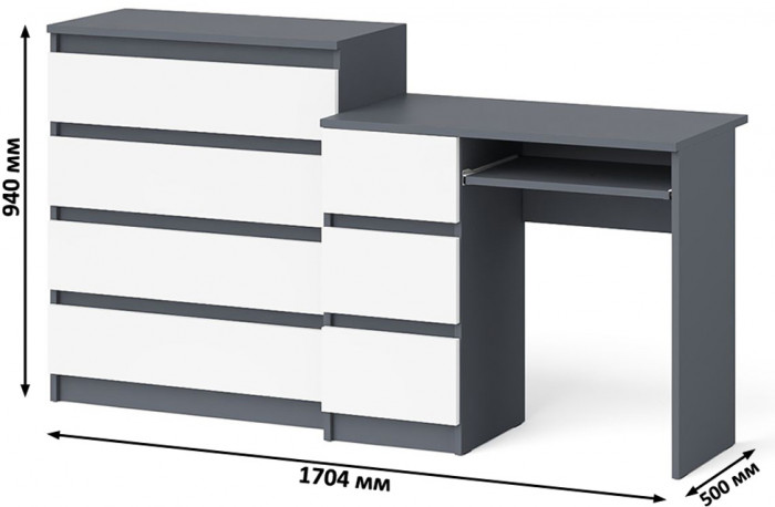 Мори Стол компьютерный МС-6 левый + Комод МК800.4, цвет графит/белый, ШхГхВ 170,4х50х94 см., выдвижные ящики слева, НЕ универсальная сборка