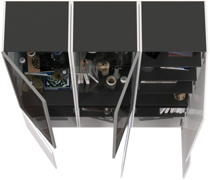 Сидней 13.201 Шкаф-витрина 2 штуки + Шкаф 13.200, корпус: белый/чёрный/фасады: МДФ белый глянец/стекло