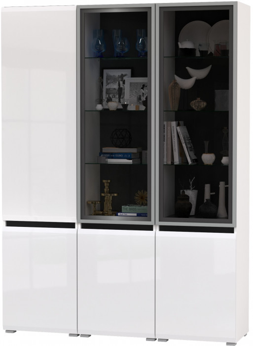 Сидней 13.201 Шкаф-витрина 2 штуки + Шкаф 13.200, корпус: белый/чёрный/фасады: МДФ белый глянец/стекло