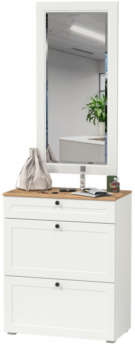 Остин 16.121 Тумба для обуви + 17.03 Зеркало, цвет белый шагрень/дуб крафт золотой, ШхГхВ 80х41,6х229 см.