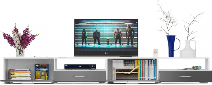 Тумба под ТВ Ларго 1, корпус белый/фасады МДФ графитово-серый глянец