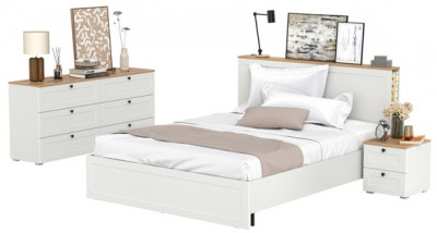 Остин 11.53 Кровать + ортопед + 16.240 Комод + 16.152 Тумба прикроватная, белый шагрень/дуб крафт золотой