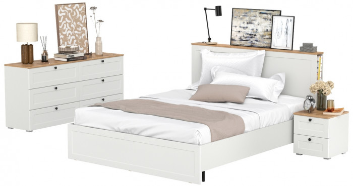 Остин 11.53 Кровать + ортопед + 16.240 Комод + 16.152 Тумба прикроватная, белый шагрень/дуб крафт золотой