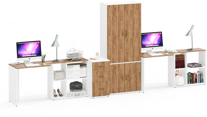 Лидер-8 Стол + Стол + Шкаф МД 20Б + Тумба МД 3.16, цвет белый шагрень/крафт золото, ШхГхВ 450х50/37,5х75/190 или 230х200/50х75/190 см., НЕ ун. сб.