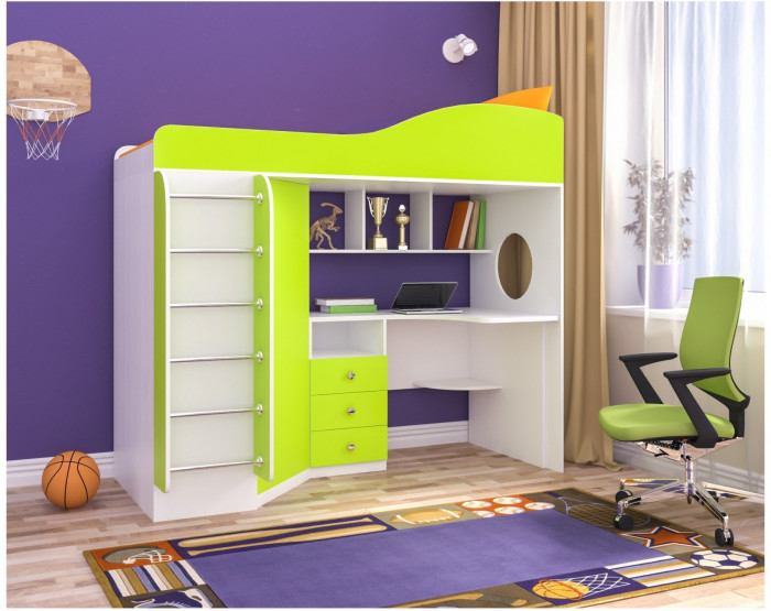 Кровать-чердак Кадет 1 с металлической лестницей (Дуб молочный/Ирис)